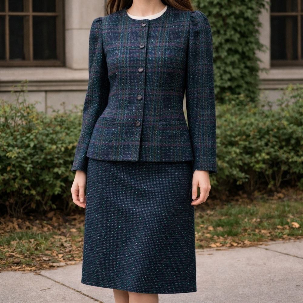 Vintage 80s Petite Mademoiselle Plaid Skirt Suit Green Purple Women's Medium